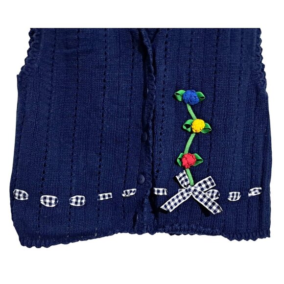 Vintage Hartstrings Girls Knit Vest Navy Blue 10/12 Floral Applique & Gingham Bo - Picture 6 of 7